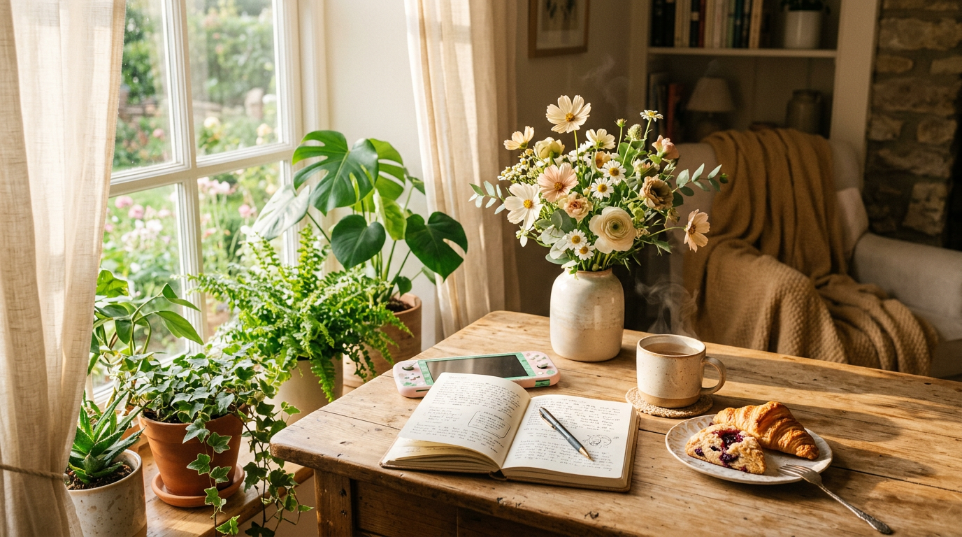 A bright cozy corner with a journal, tea, pastries, and a pastel handheld game console in warm morning sunlight.